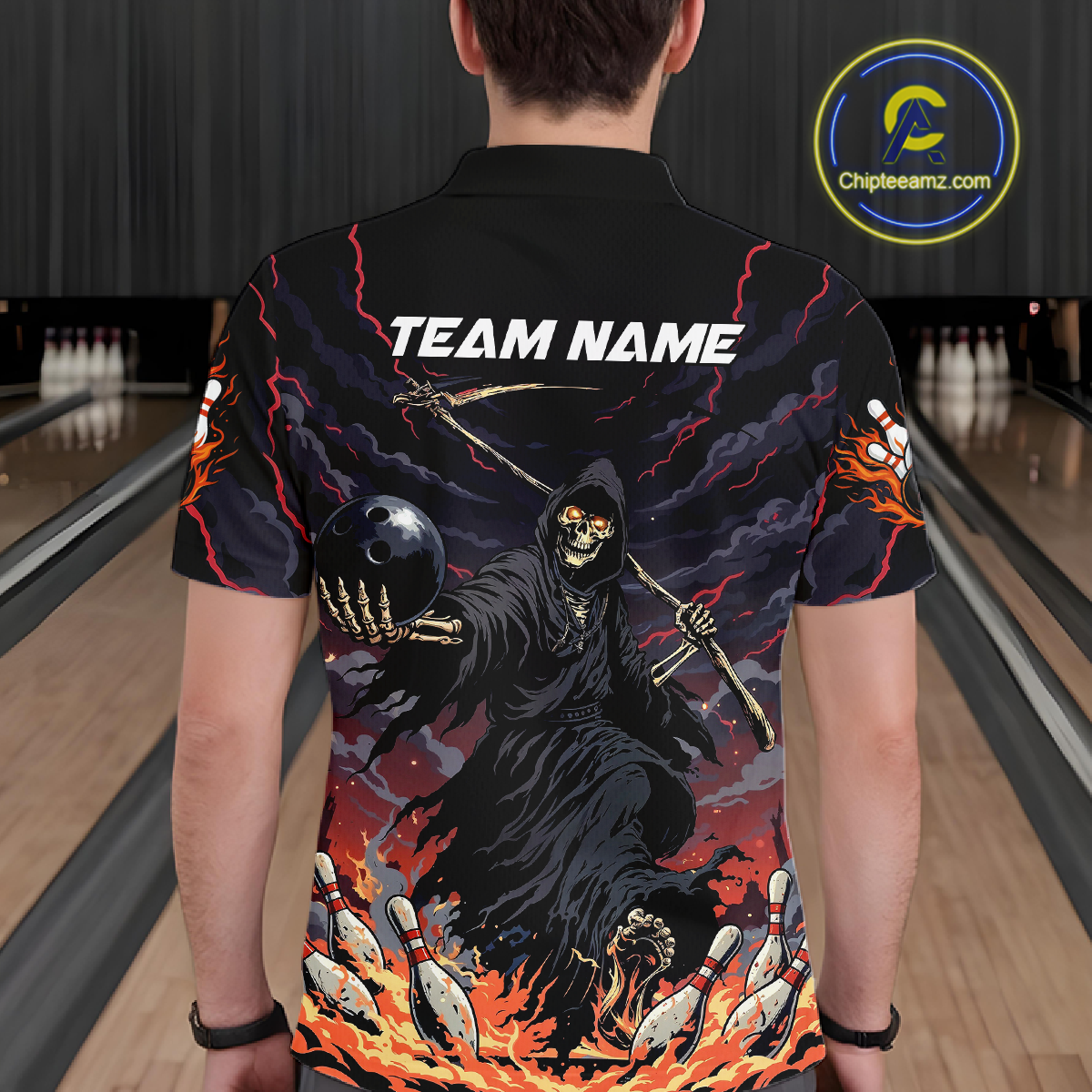 Custom Grim Reaper Flame Bowling Jersey for Men Bowling Team Shirts Polo & 1/4 Zip HNT193