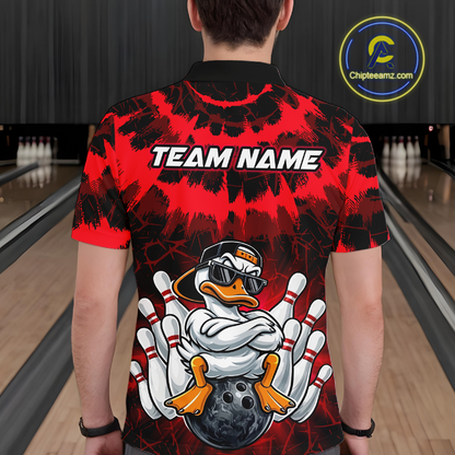 Custom Red Funny Duck Bowling Jersey for Men Bowling Uniform Polo & 1/4 Zip Bowling Team Shirts HNT238