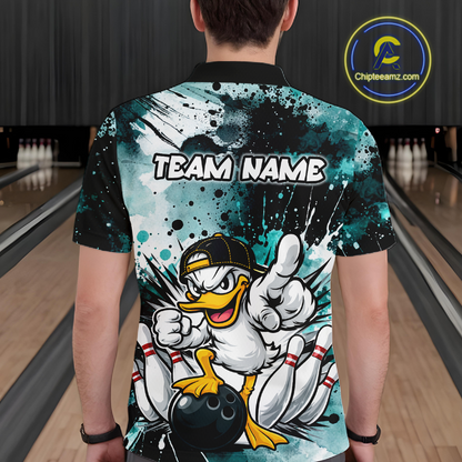 Custom Watercolor Teal Duck Bowling Jersey for Men Bowling Team Shirts Polo & 1/4 Zip HNT239