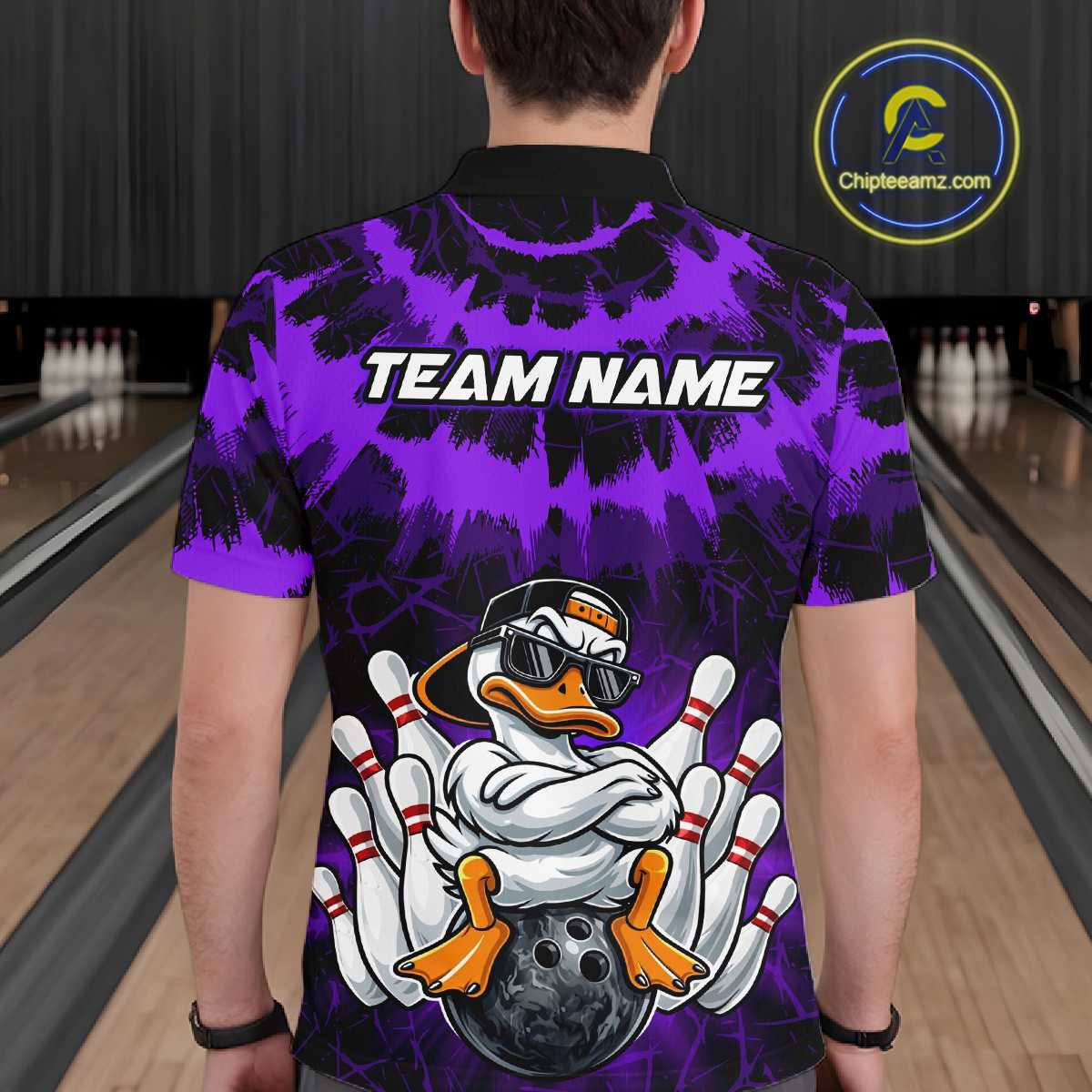 Custom Purple Funny Duck Bowling Jersey for Men Bowling Uniform Polo & 1/4 Zip Bowling Team Shirts HNT238