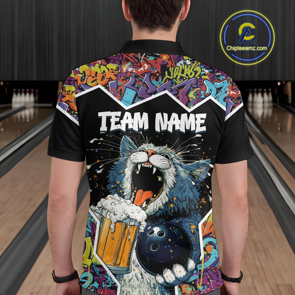Custom Funny Cat Beer Bowling Jersey for Men Polo & 1/4 Zip Bowling Team Shirts HNT146