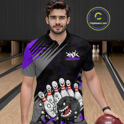 Custom Purple Funny Bowling Shirt Crazy Bowling Jersey Men Polo & 1/4 Zip Bowling Outfit QZT785