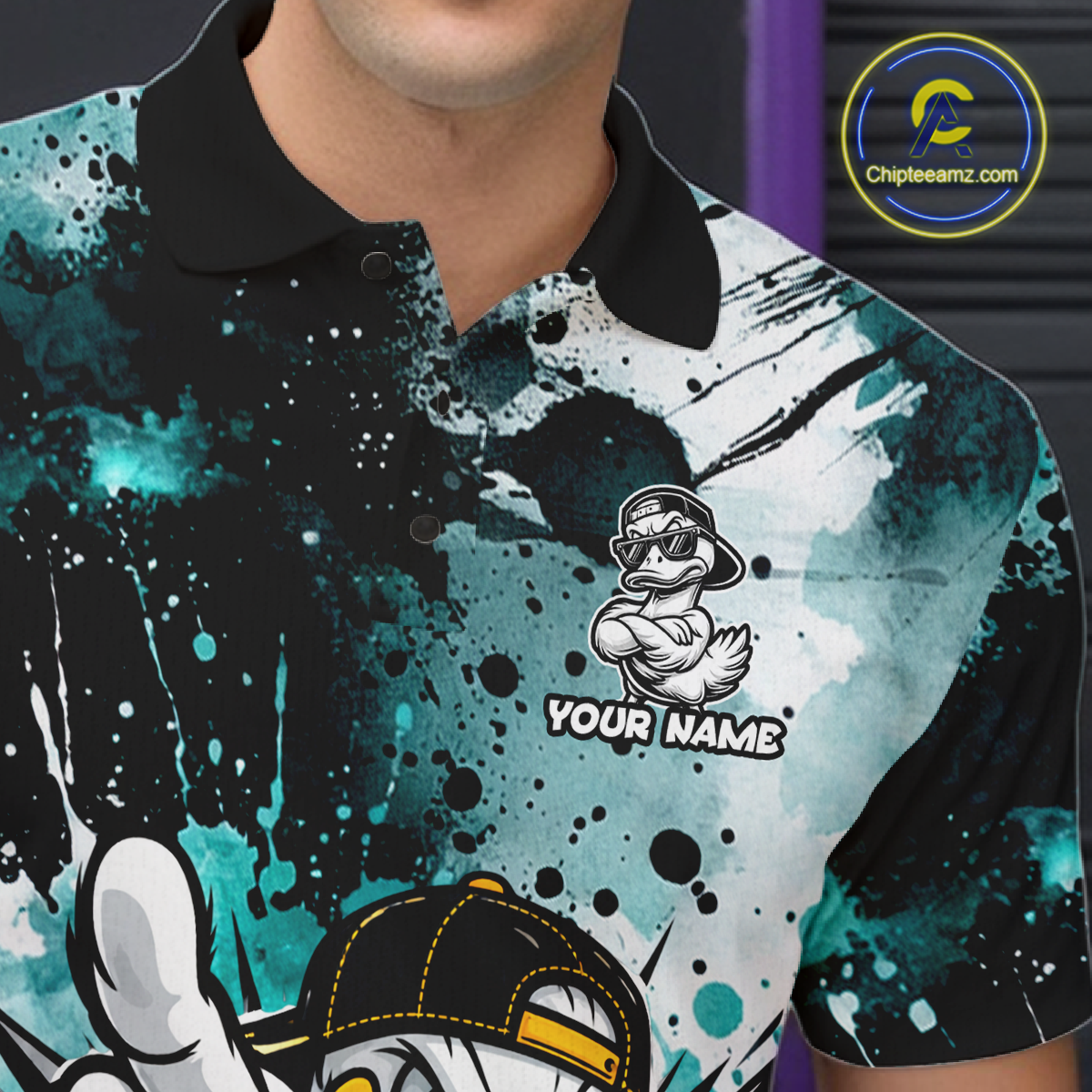 Custom Watercolor Teal Duck Bowling Jersey for Men Bowling Team Shirts Polo & 1/4 Zip HNT239