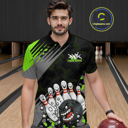 Custom Green Funny Bowling Shirt Crazy Bowling Jersey Men Polo & 1/4 Zip Bowling Outfit QZT785