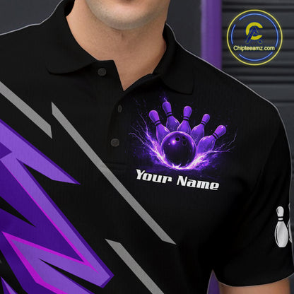 Black and Purple Lightning Bowling Polo, Quarter Zip Shirt for Men Custom Bowling Team League Jersey NQS10907