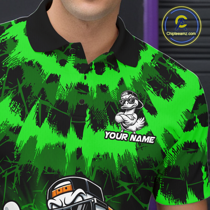 Custom Green Funny Duck Bowling Jersey for Men Bowling Uniform Polo & 1/4 Zip Bowling Team Shirts HNT238