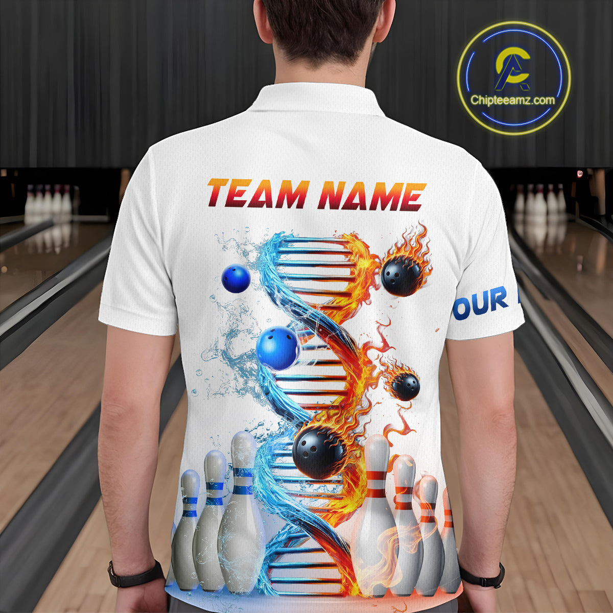 Man wearing custom ice and fire DNA bowling polo shirt, back view mockup, personalized bowling league jersey.