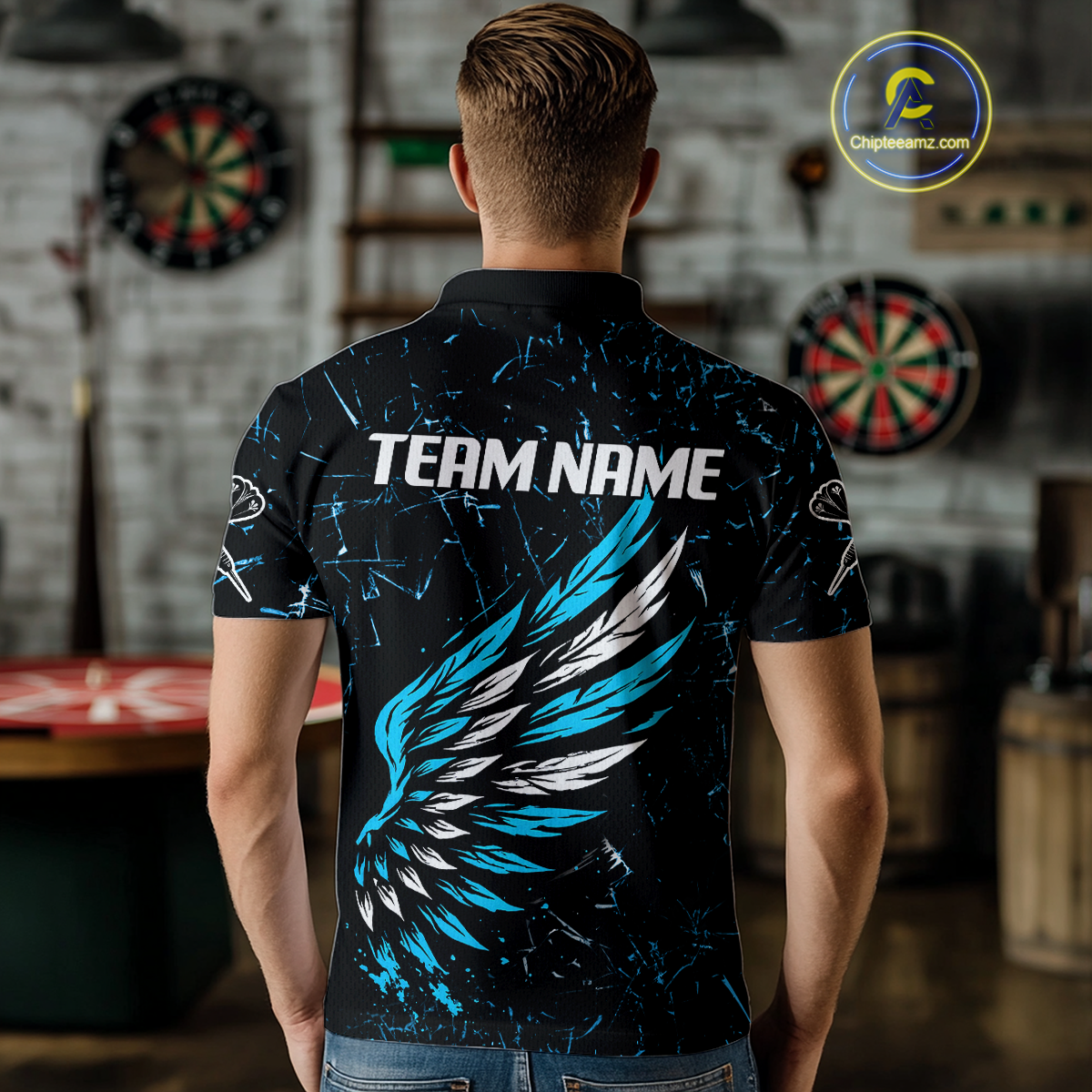 Custom White-Blue Wings Grunge Style Dart Shirt For Men, Dart Team Jerseys NYN0110
