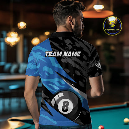 Blue Camo 8 Ball Billiard Shirts for Men Billiard Team Shirts Billiard Uniform Polo & 1/4 Zip NNT77