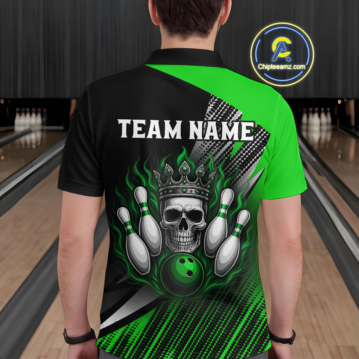Green Skull Crown Bowling Custom Men Bowling Shirt Polo & Quarter-Zip Bowling Team Jerseys HNT65