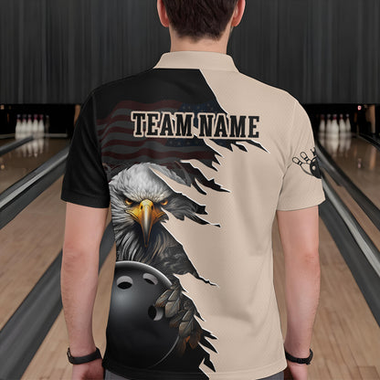 US Flag Eagle 3D Bowling Shirt for Men Custom Name Polo & Quarter-zip Bowling Jersey with Team HNT05