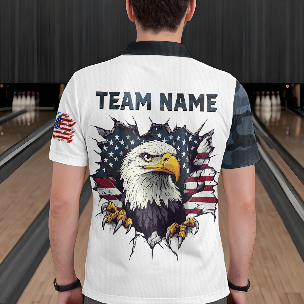 Camouflage Bowling Shirt Custom Eagle Bowling Team Jersey Patriotic Polo Shirt QZT676