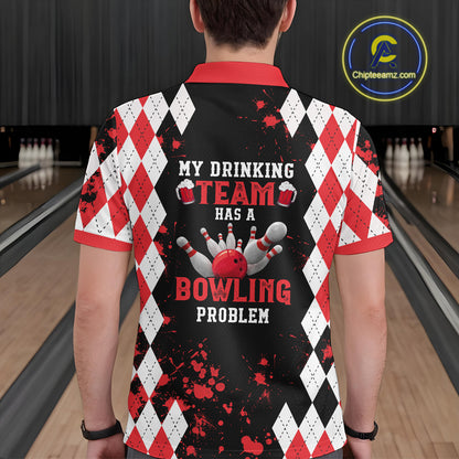 Red argyle pattern Retro Bowling Shirts For Men Custom My drinking team has a bowling problem NQS9825