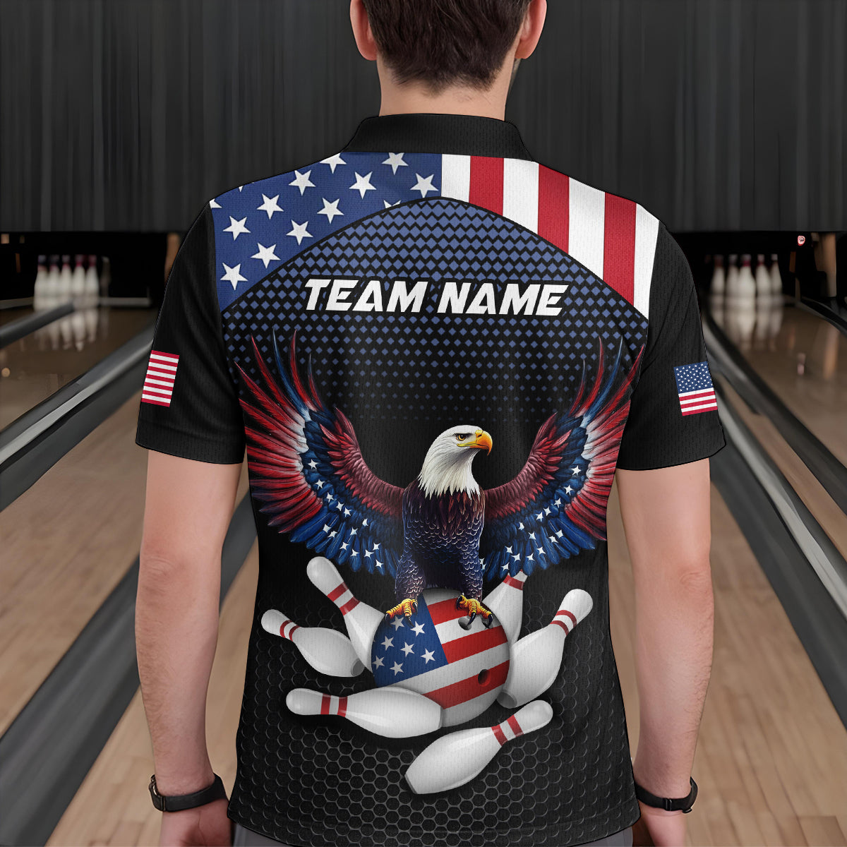 Man wearing custom american flag with eagle bowling polo shirt, back view mockup, personalized bowling league jersey.