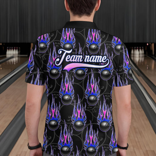 Black Bowling Ball Camo Blue Flame Bowling Polo, 1/4 Zip Shirt for Men Custom Bowling Team Jersey NQS9480