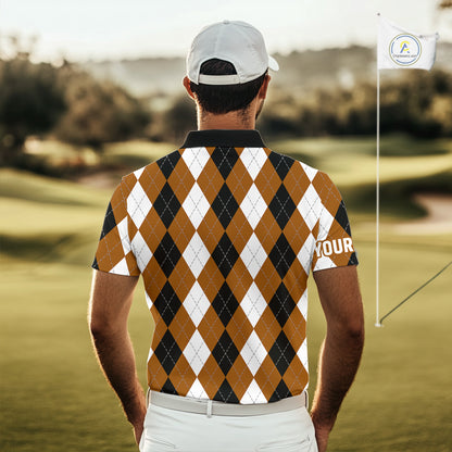 Mens golf polo shirt custom brown argyle plaid pattern golf attire for men NQS9848