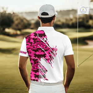 Personalized Mens golf polo shirts custom white and pink camo mens golf apparel, golfing gifts NQS10335