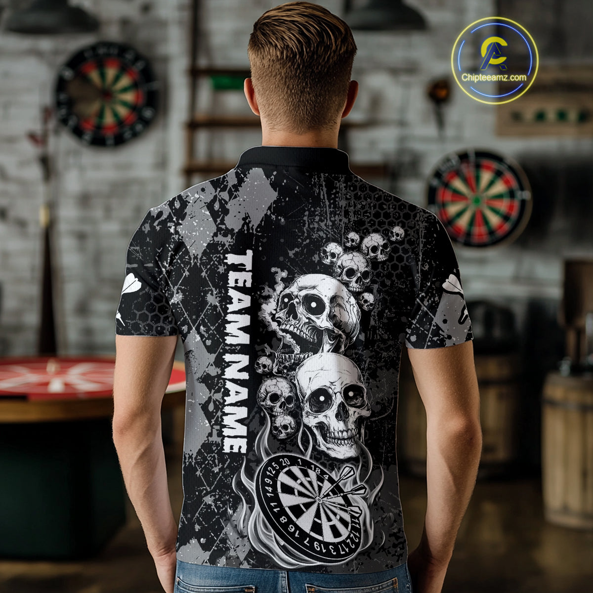 Black Grey Grunge Argyle Skull Dart Shirts Custom Men's Dart Jerseys Team Polo & Quarter Zip TDM3836