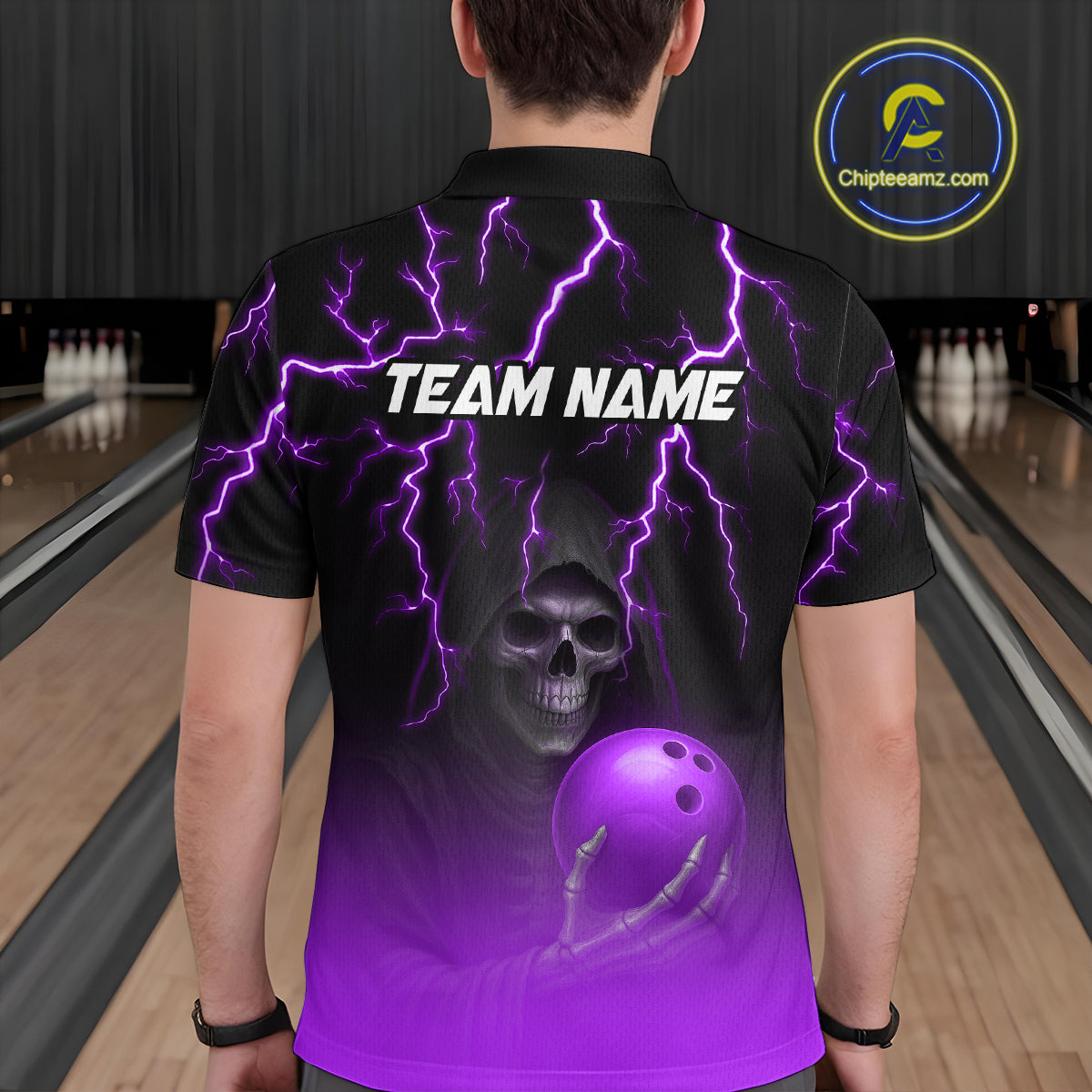 Custom Purple Thunder Skeleton Bowling Jersey for Men Bowling Polo & 1/4 Zip Bowling Team Shirts HNT108