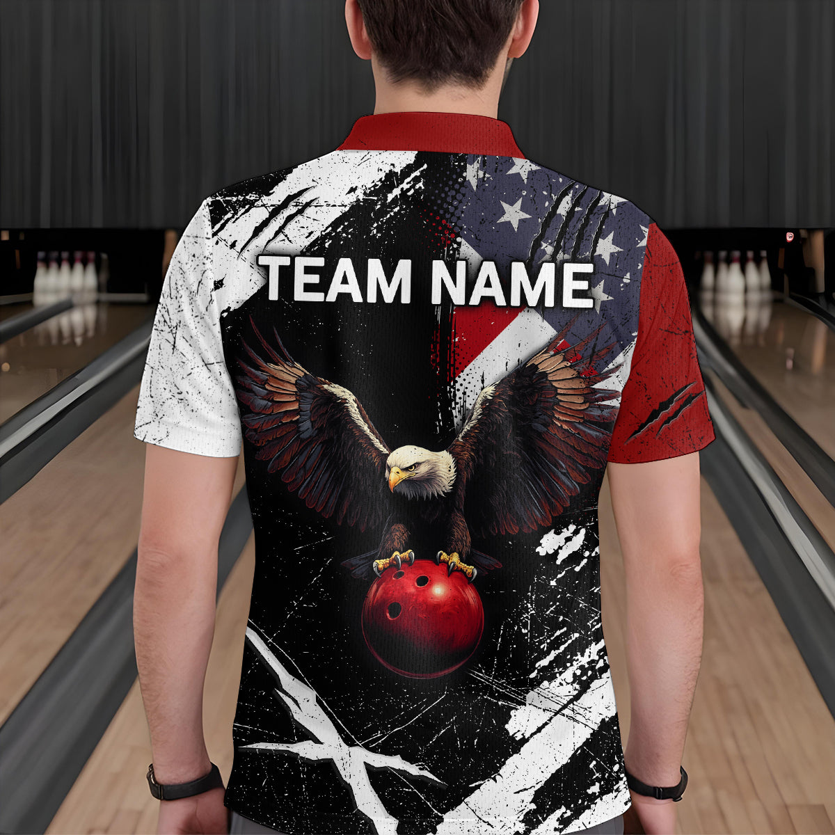US Flag Eagle Custom Name Bowling Team Shirts For Men Bowling League Polo & 1/4 Zip Shirt HNT06