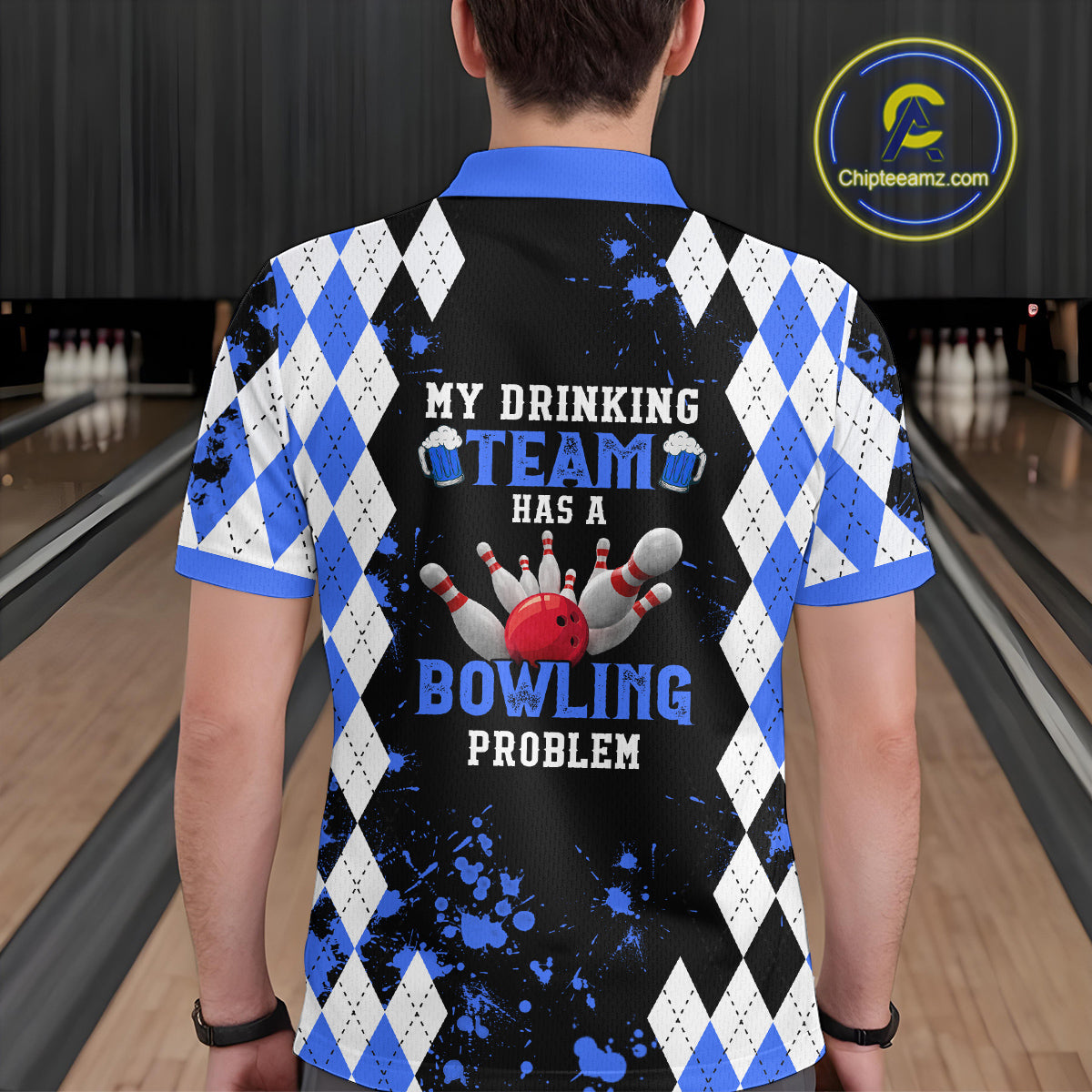 Blue argyle pattern Retro Bowling Shirts For Men Custom My drinking team has a bowling problem NQS9824
