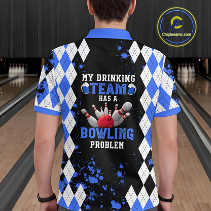 Blue argyle pattern Retro Bowling Shirts For Men Custom My drinking team has a bowling problem NQS9824