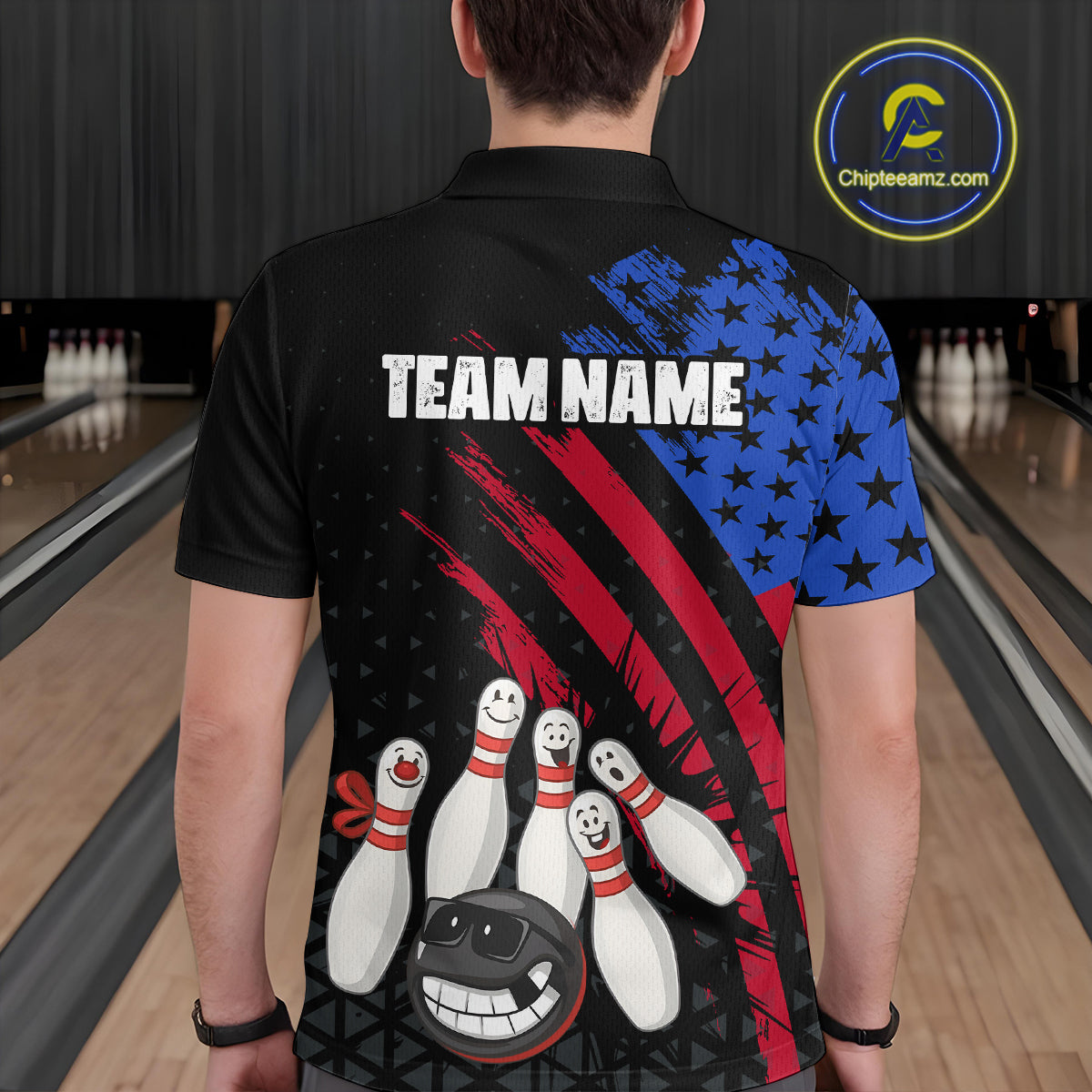 Custom Funny US Flag Bowling Jersey for Men Bowling Uniform Polo & 1/4 Zip Bowling Team Shirts HNT126