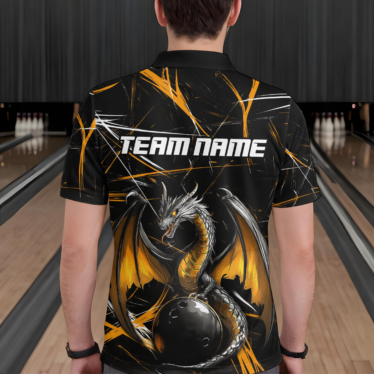 Black & Gold Dragon Bowling Shirt Custom Polo Bowling Jersey for Men Women QZT682