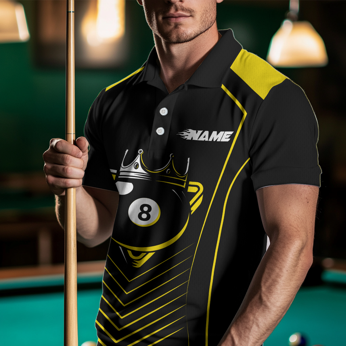Customized Yellow 8 Ball Pool Crown Men's Billiard Shirts, Billiard Team Shirts Polo & 1/4 Zip Shirts NNT37