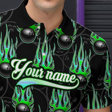 Load image into Gallery viewer, Black Bowling Ball Camo Green Flame Bowling Polo, 1/4 Zip Shirt for Men Custom Bowling Team Jersey NQS9479