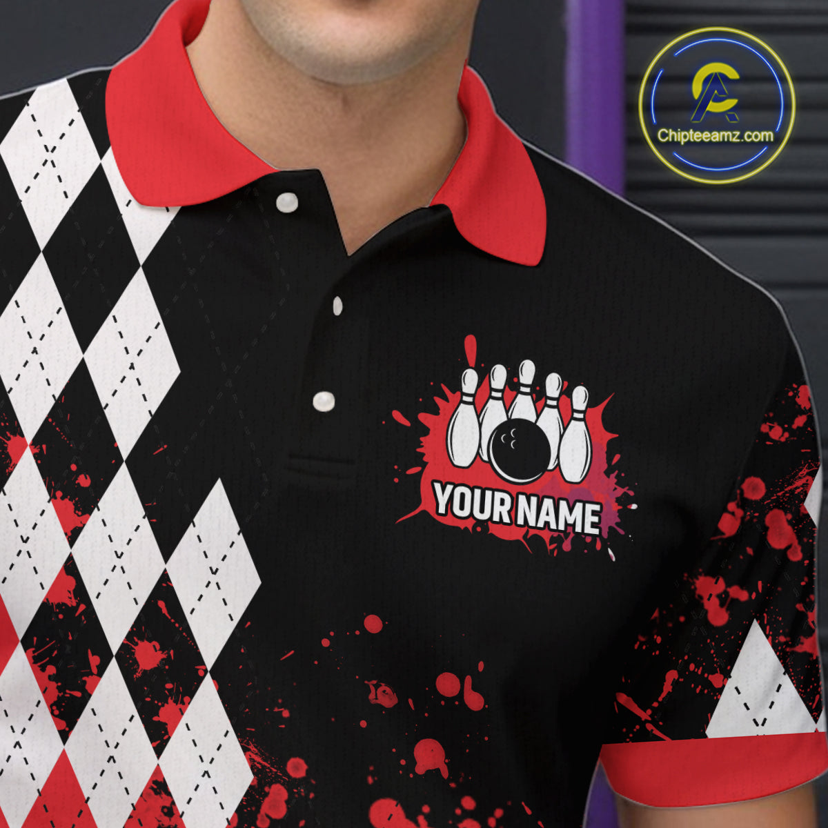 Red argyle pattern Retro Bowling Shirts For Men Custom My drinking team has a bowling problem NQS9825