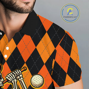 Funny Mens golf polo shirts custom orange and black argyle plaid Halloween Skull golf attire for men NQS10355