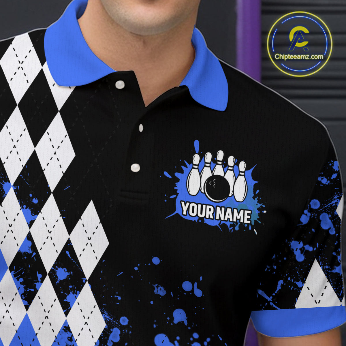 Blue argyle pattern Retro Bowling Shirts For Men Custom My drinking team has a bowling problem NQS9824
