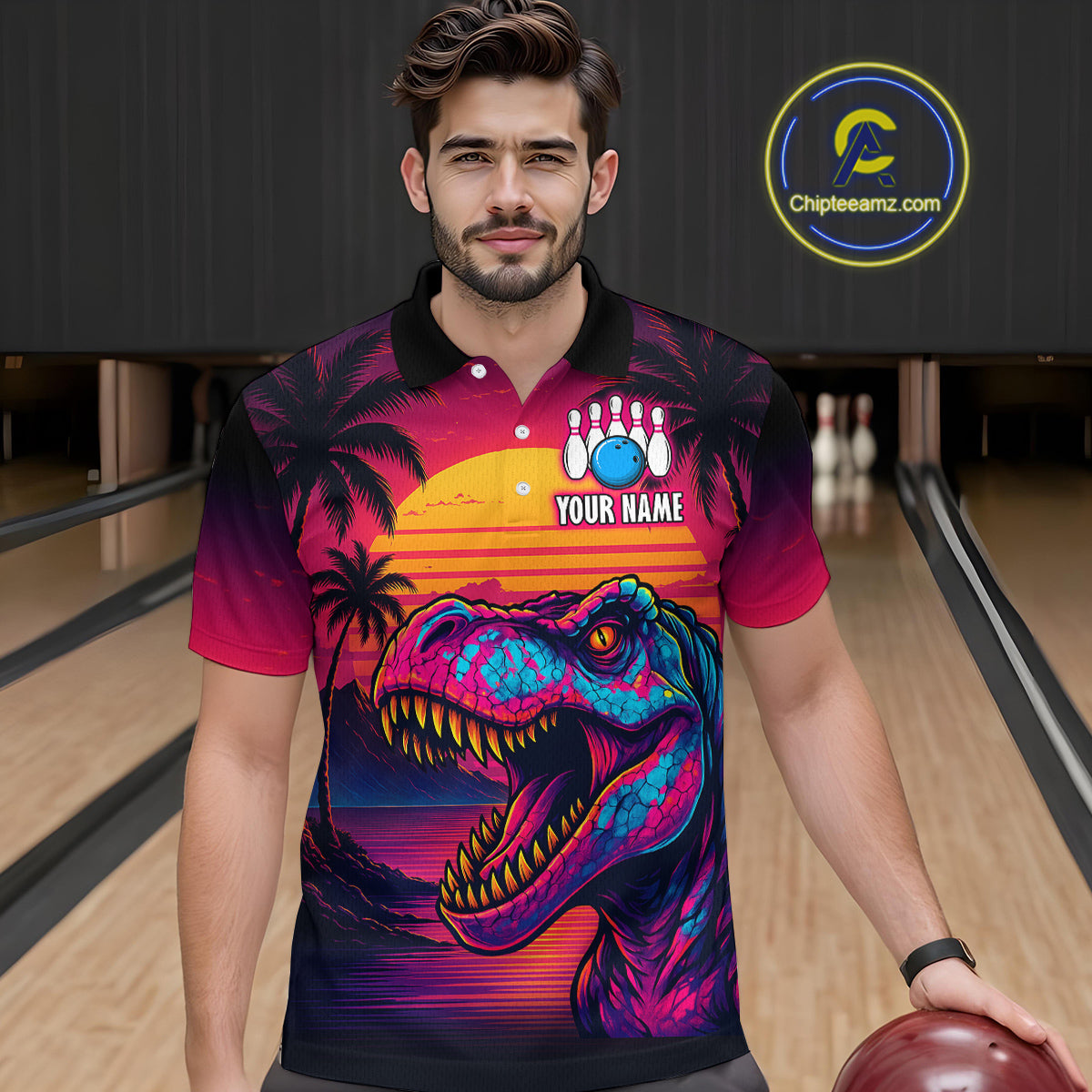 Custom Neon Dinosaur Bowling Men Bowling Shirt Polo & Quarter-Zip Bowling Team Jerseys HNT78