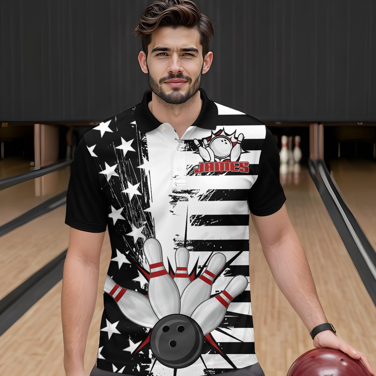 American Flag Bowling Shirt for Men Women Team Bowling Jersey Bowling Polo&1/4 Zip MBL18
