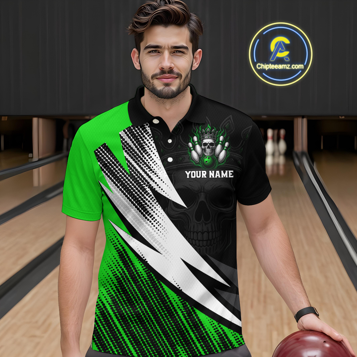 Green Skull Crown Bowling Custom Men Bowling Shirt Polo & Quarter-Zip Bowling Team Jerseys HNT65