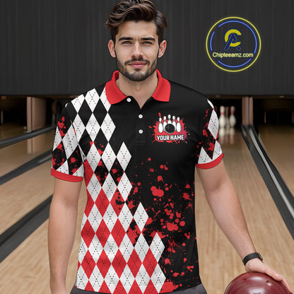 Red argyle pattern Retro Bowling Shirts For Men Custom My drinking team has a bowling problem NQS9825