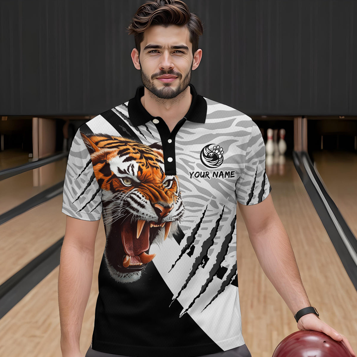 Black & White Bowling Shirt Tiger Bowling Team Jersey Polo Bowling for Men & Women QZT641