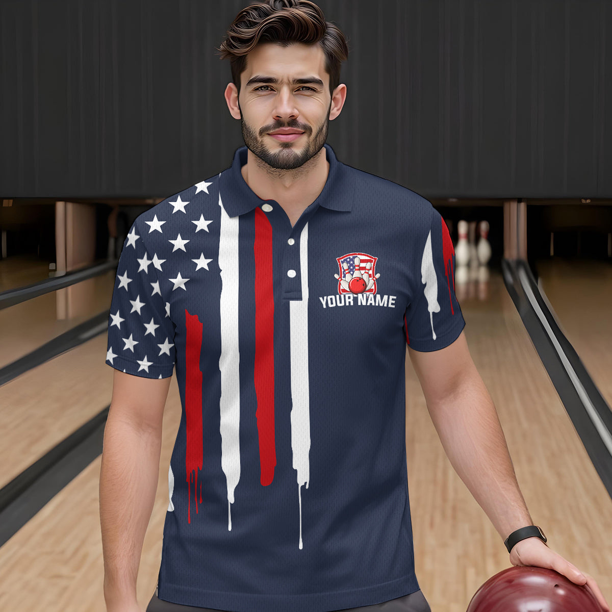 American Flag Bowling Shirt Patriotic Bowling Jersey for Men Women Bowling Polo&1/4 Zip MBL25