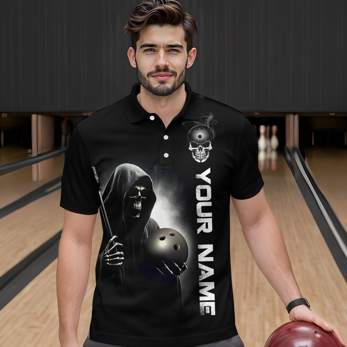 Custom Skull Bowling Shirts Unisex Polo Bowling Team Jersey Black Bowling League QZT631