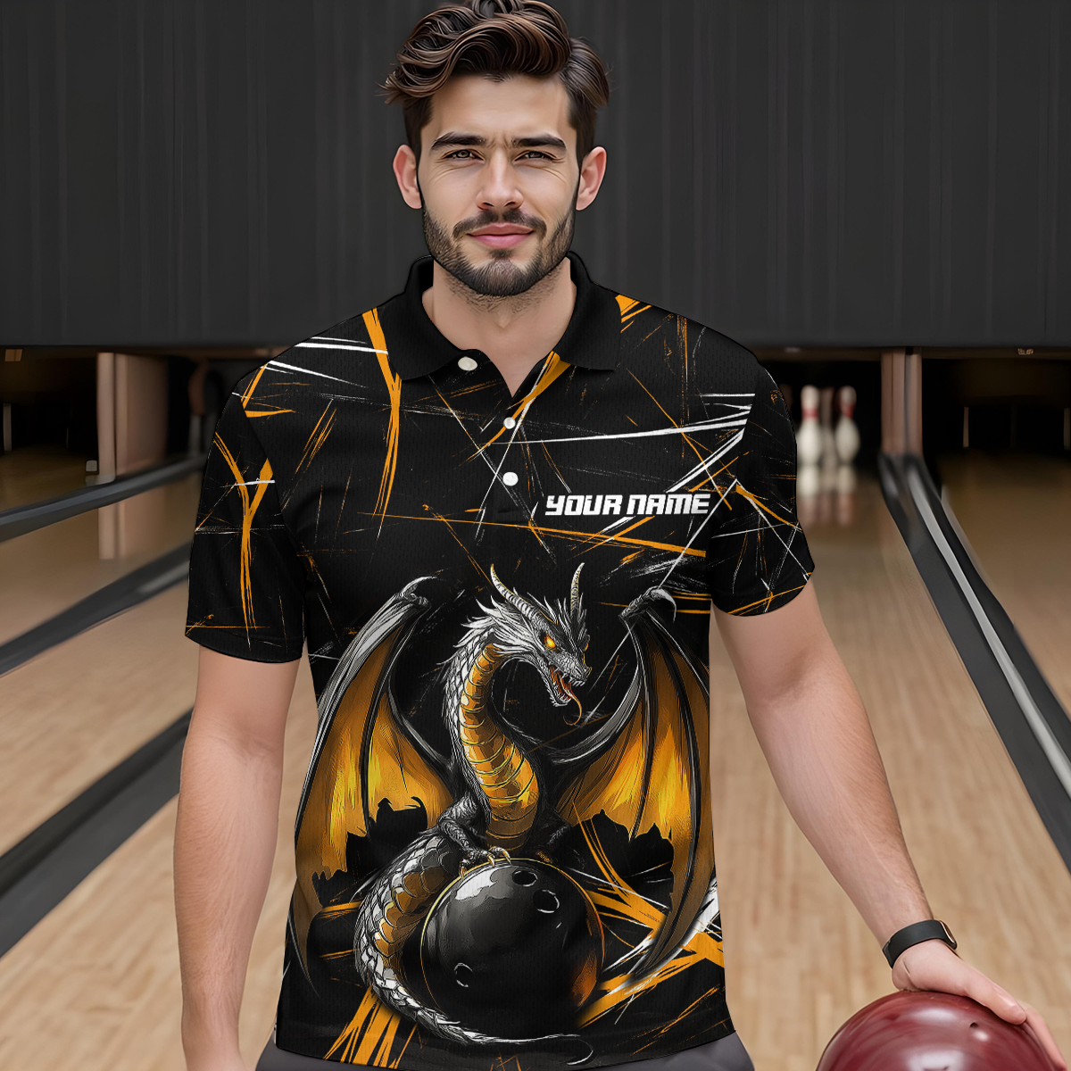Black & Gold Dragon Bowling Shirt Custom Polo Bowling Jersey for Men Women QZT682