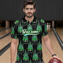 Load image into Gallery viewer, Black Bowling Ball Camo Green Flame Bowling Polo, 1/4 Zip Shirt for Men Custom Bowling Team Jersey NQS9479