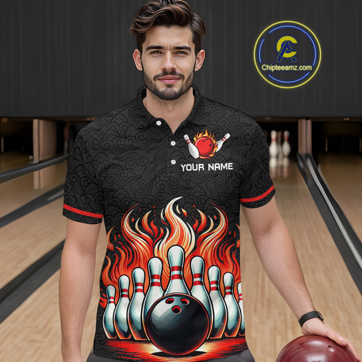 Flame Bowling Custom Men Bowling Shirt Polo & Quarter-Zip Bowling Team Jerseys HNT56