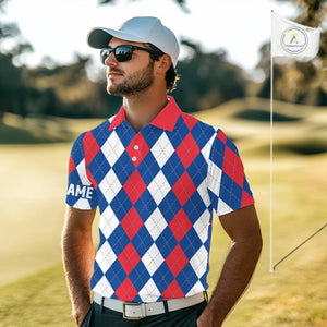 Mens golf polo shirt custom red, white and blue argyle plaid pattern golf attire for men NQS9847
