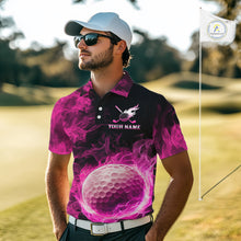 Load image into Gallery viewer, Black and Pink Flame Golf Ball Mens Golf polo shirts custom name golf outfit for men golf clothes NQS9869