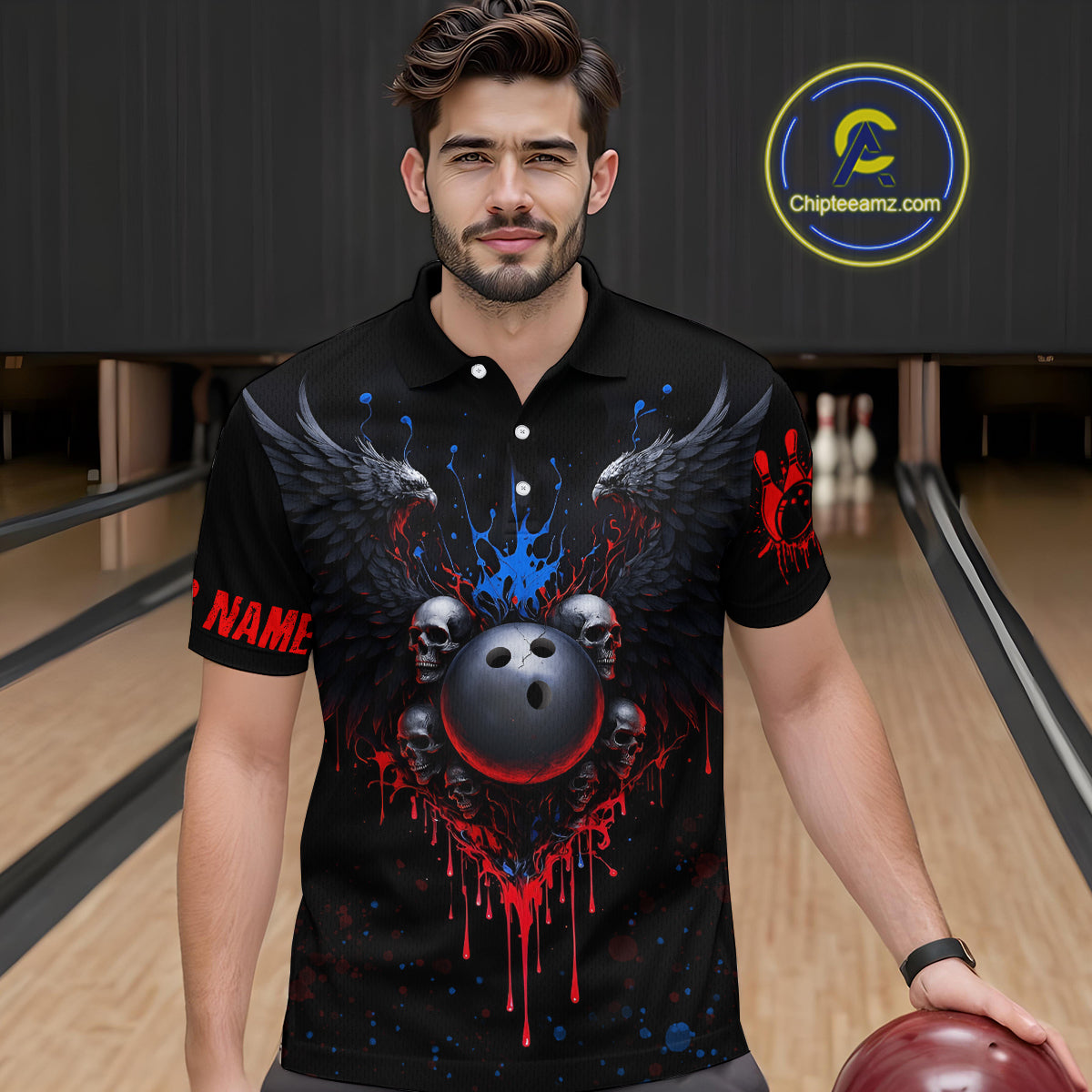 Custom Eagle Skull Bowling Men Shirts Bowling Uniform Polo & 1/4 Zip Bowling Team Jerseys HNT102