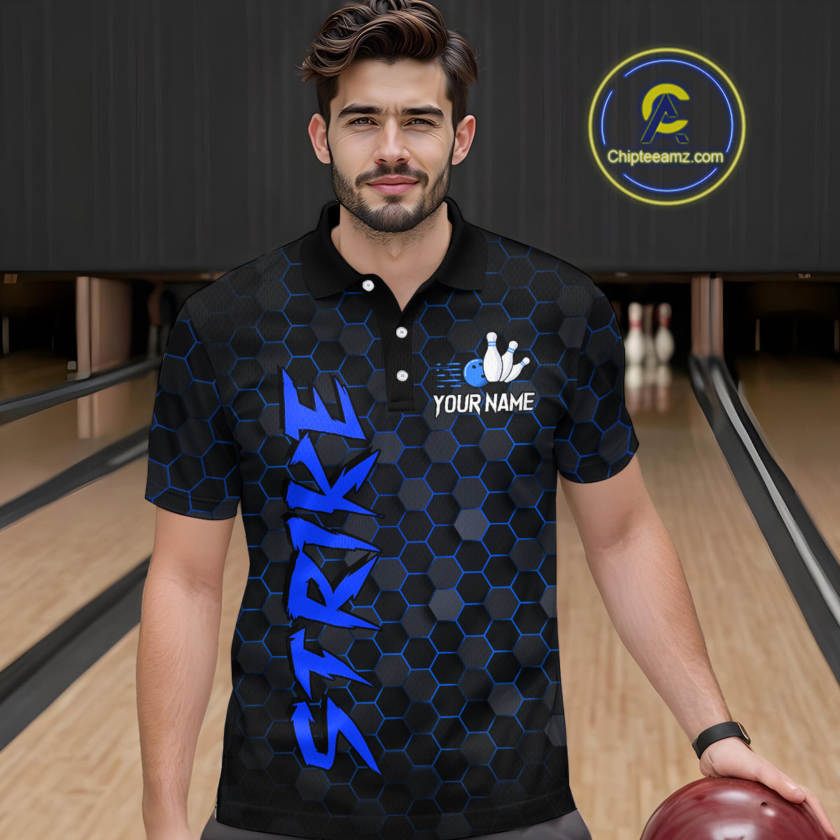 Custom Strike Blue Bowling Men Bowling Shirt Polo & Quarter-Zip Bowling Team Jerseys HNT79