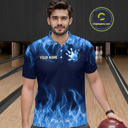 Custom Blue Flame Bowling Jersey for Men Bowling Uniform Polo & 1/4 Zip Bowling Team Shirts HNT106
