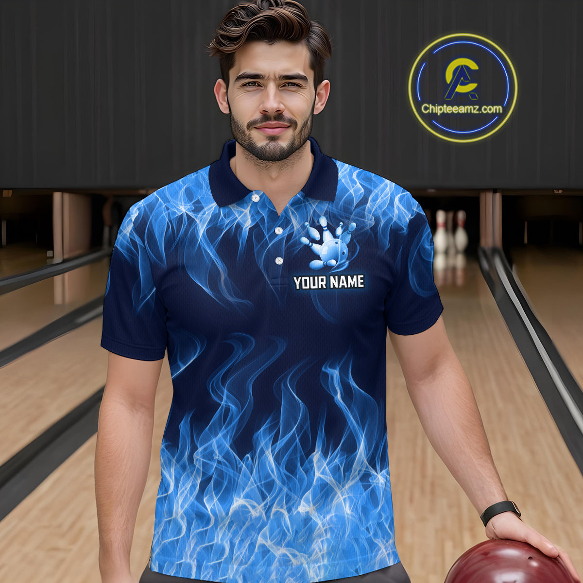 Custom Blue Flame Bowling Jersey for Men Polo & 1/4 Zip Bowling Team Shirts Bowling League HNT150