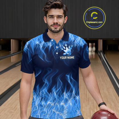 Custom Blue Flame Bowling Jersey for Men Polo & 1/4 Zip Bowling Team Shirts Bowling League HNT150